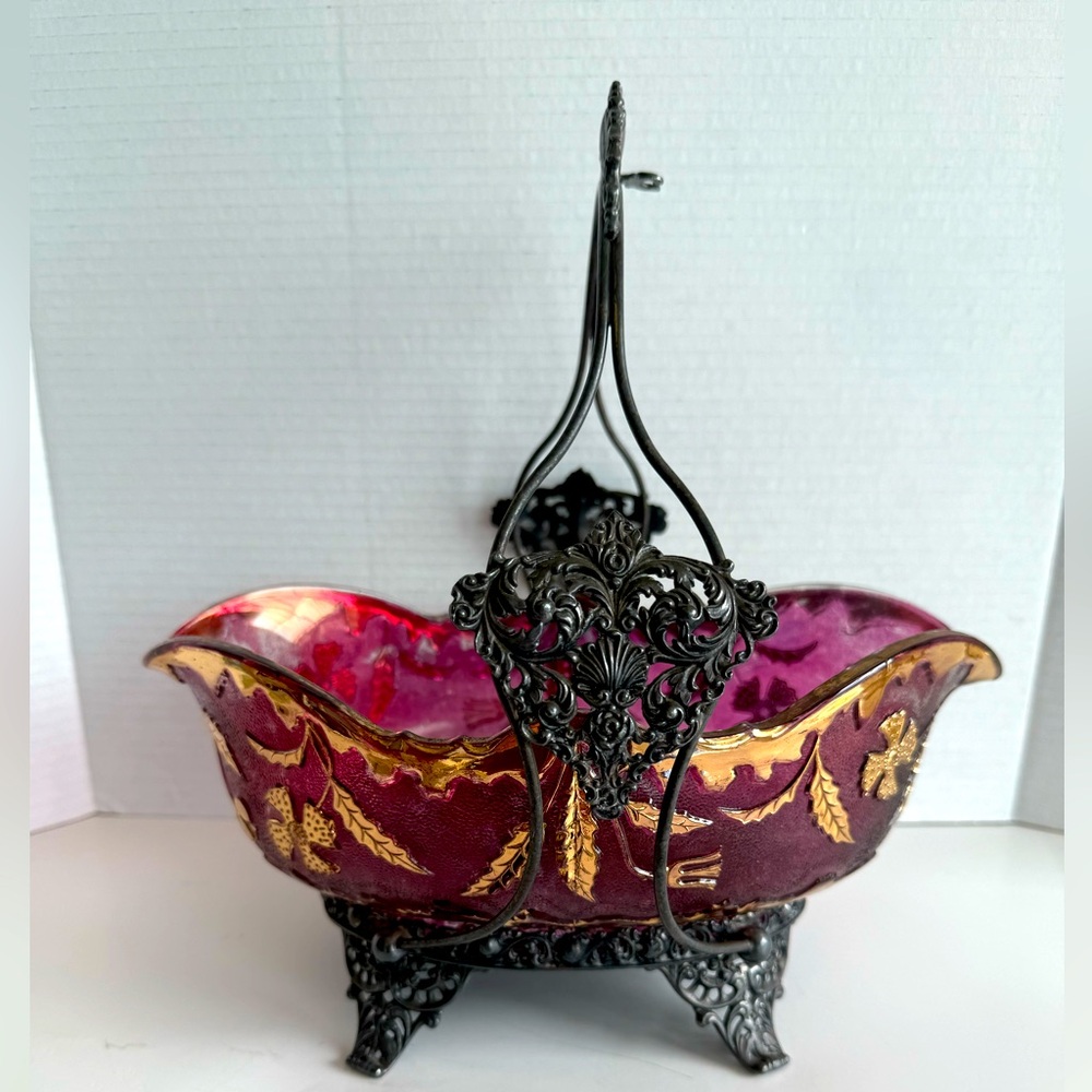 Antique Victorian “Delaware Rose” Ruby Art Glass Bowl in Silver Plate Basket